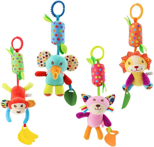 Baby Hanging Rattle Toys – Soft Infant Crib & Stroller Toys with Teether, Colorful Animal Plush Sensory Toys for Newborns, Car Seat Activity Toys for Babies 3-6-9-12 Months, Developmental Gift (4 Pack)